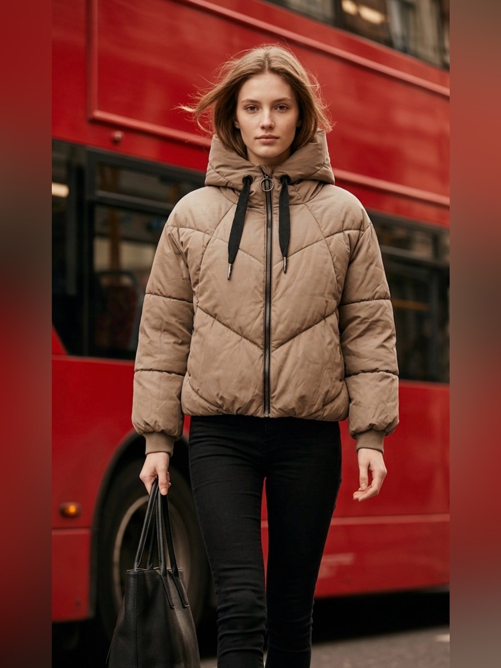 Zara Taupe Quilted Hooded Puffer Jacket